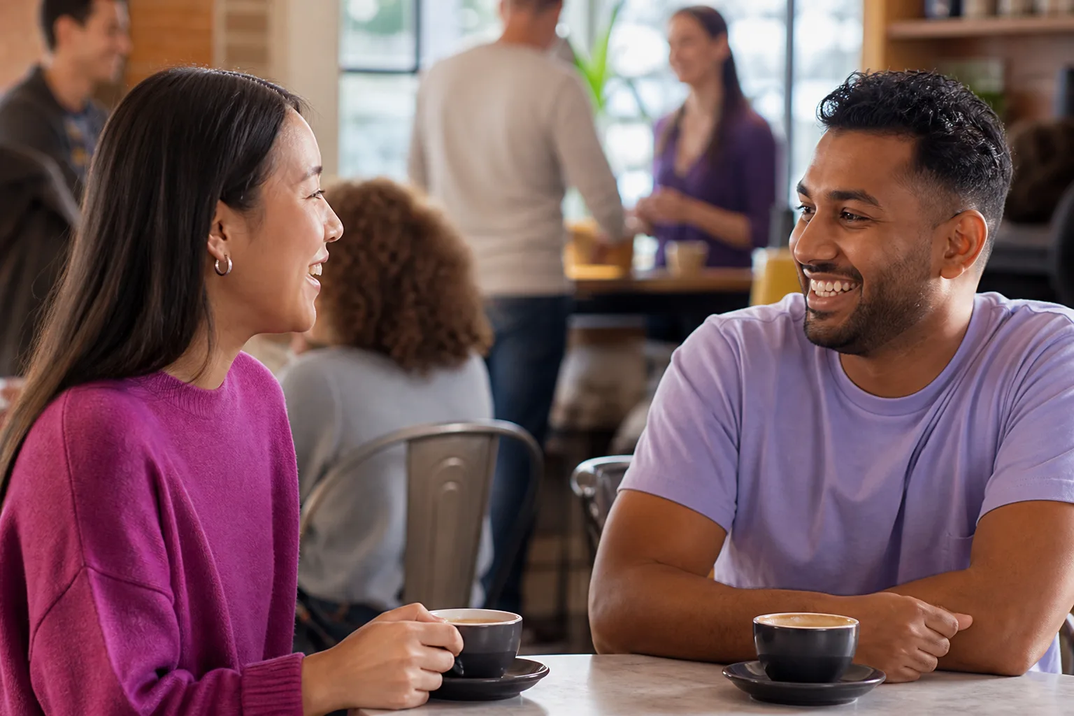 Two people talking over coffee in a Lancashire town centre