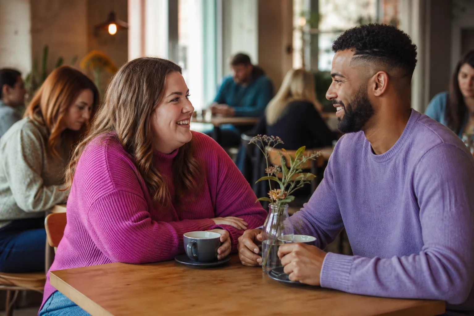 Two people talking over coffee in Accrington