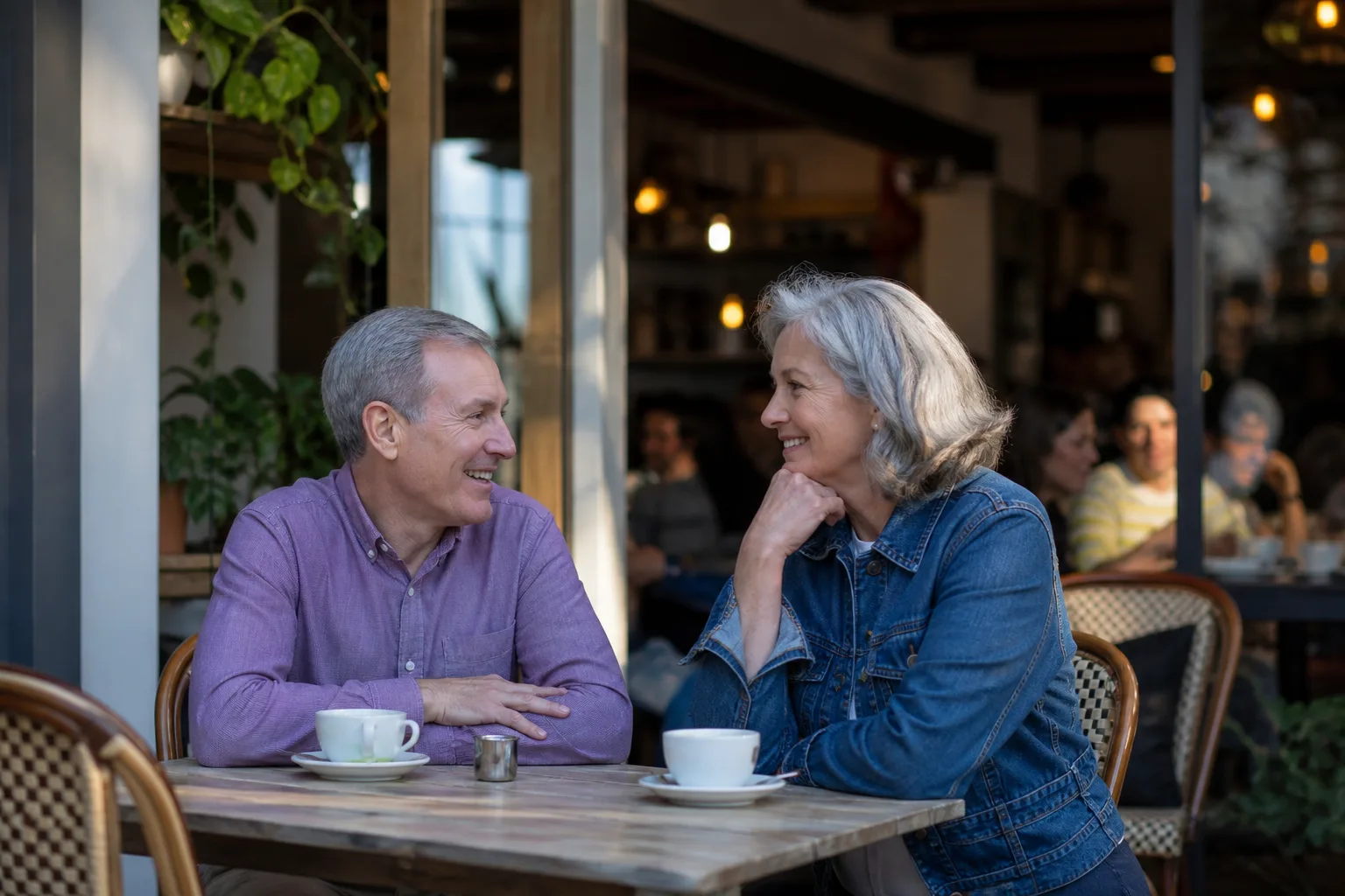 Mature couple enjoying a relaxed conversation in a Lancashire café