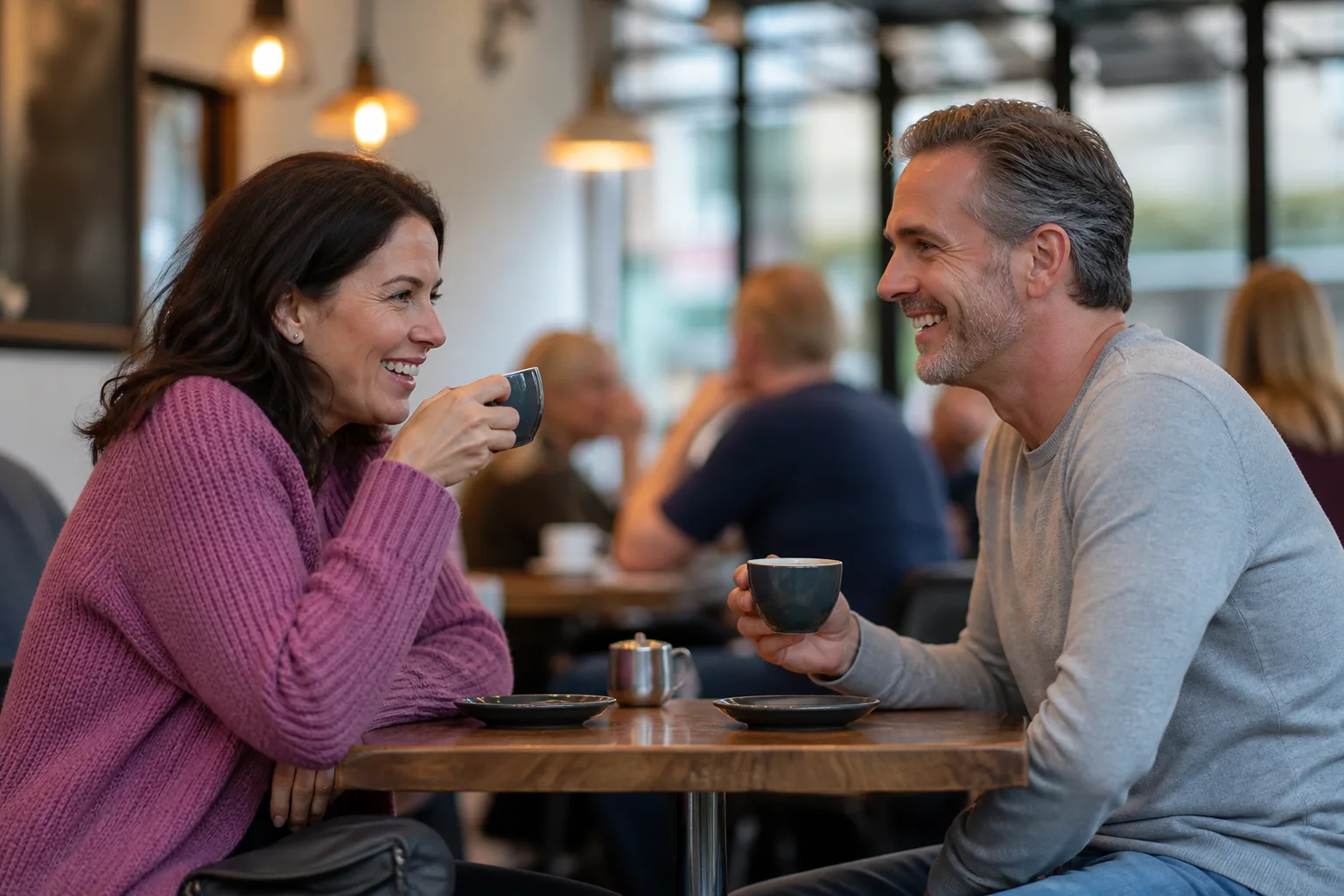 Two Lancashire singles talking over coffee in a relaxed local café