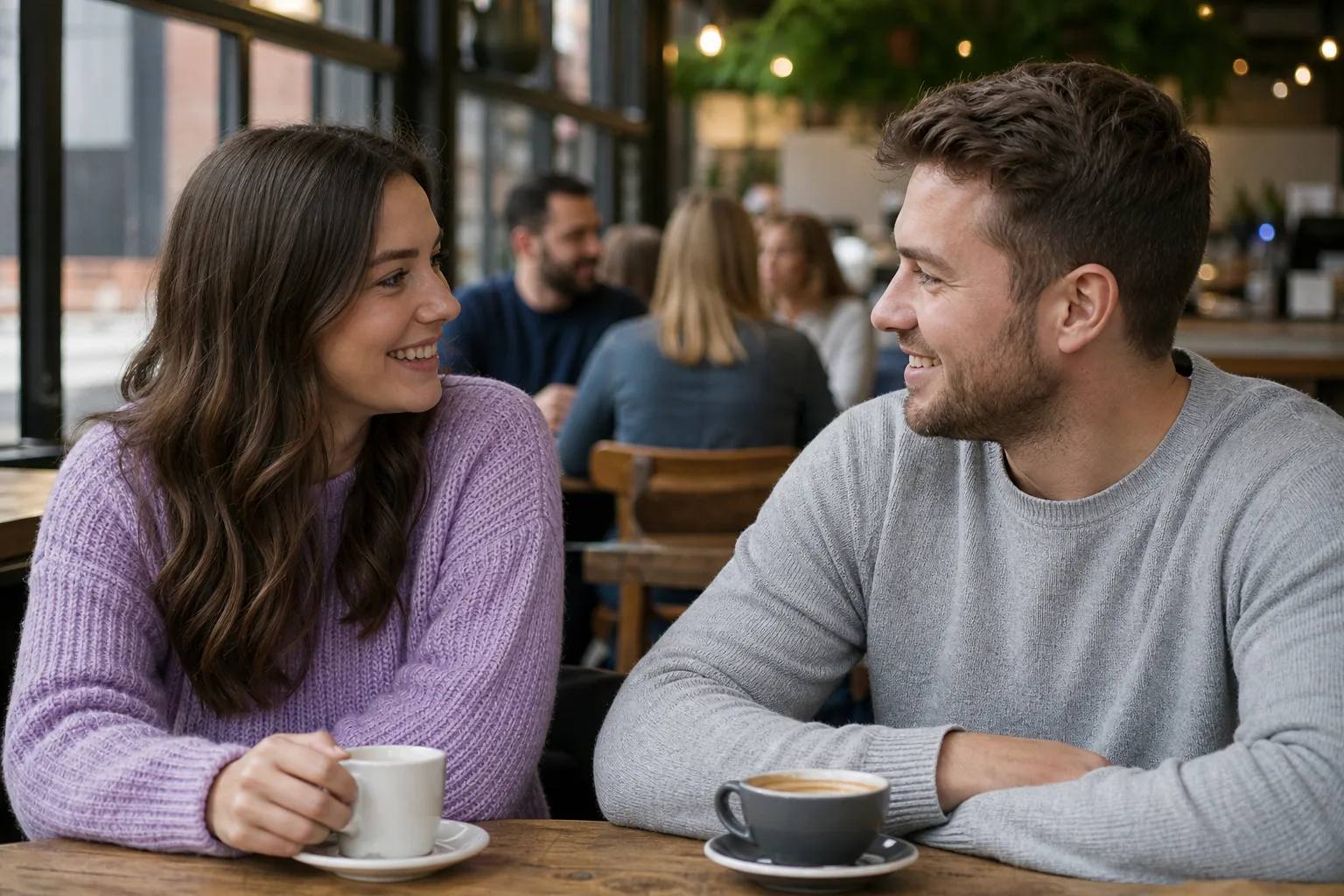 Two people chatting over coffee in Lancashire