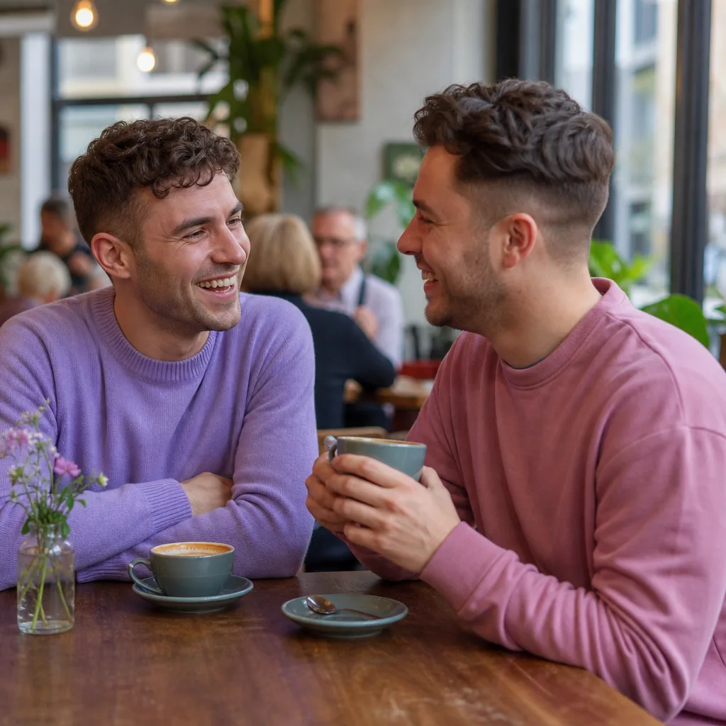 Two men talking over coffee during a casual first date in Ormskirk