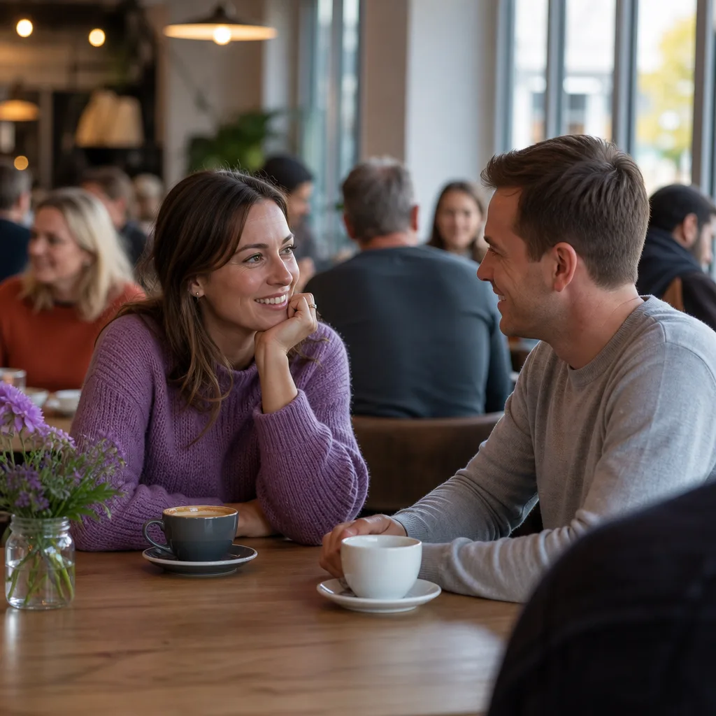 Two adults meeting at a busy café in Lancaster city centre