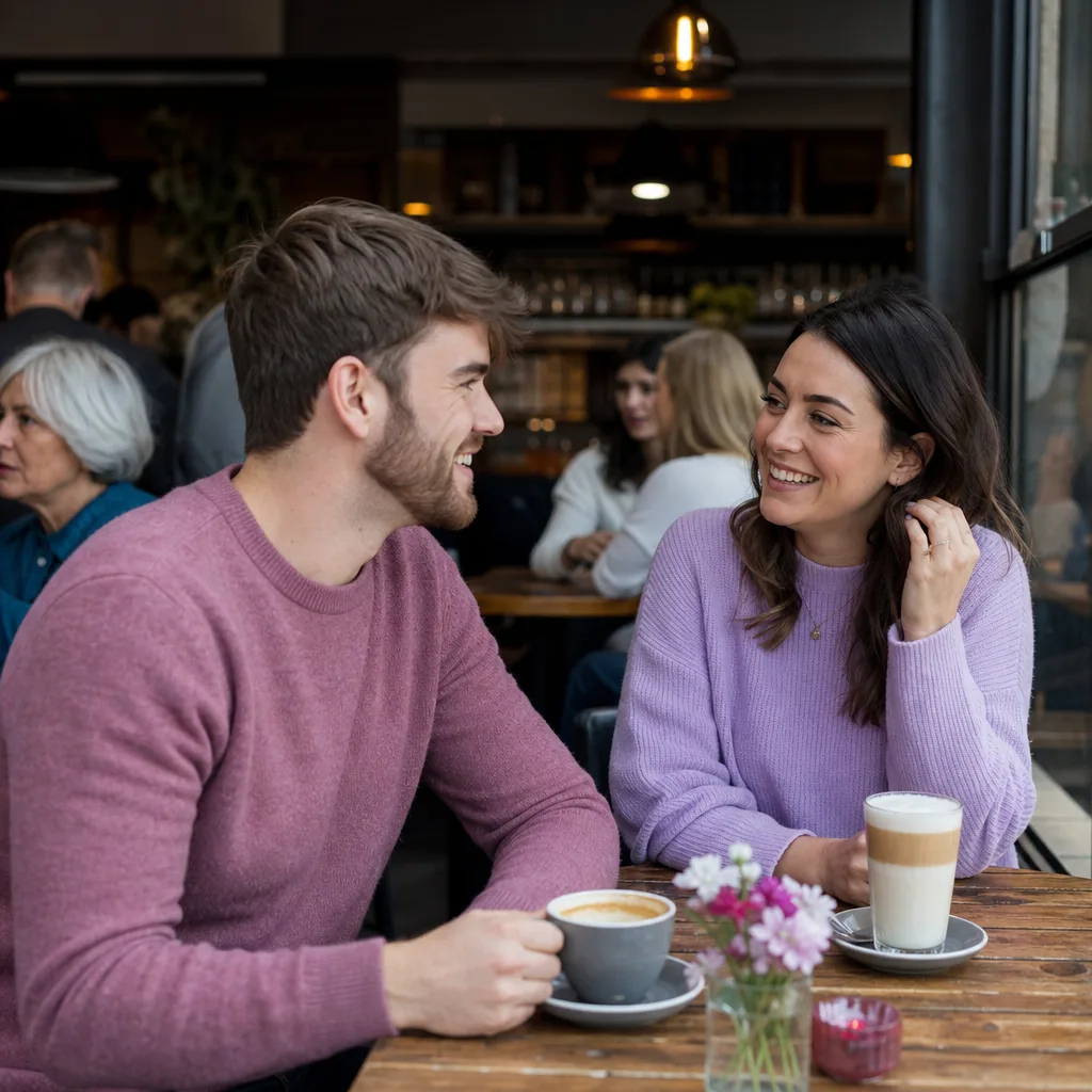 Two adults meeting in a busy public café in Accrington