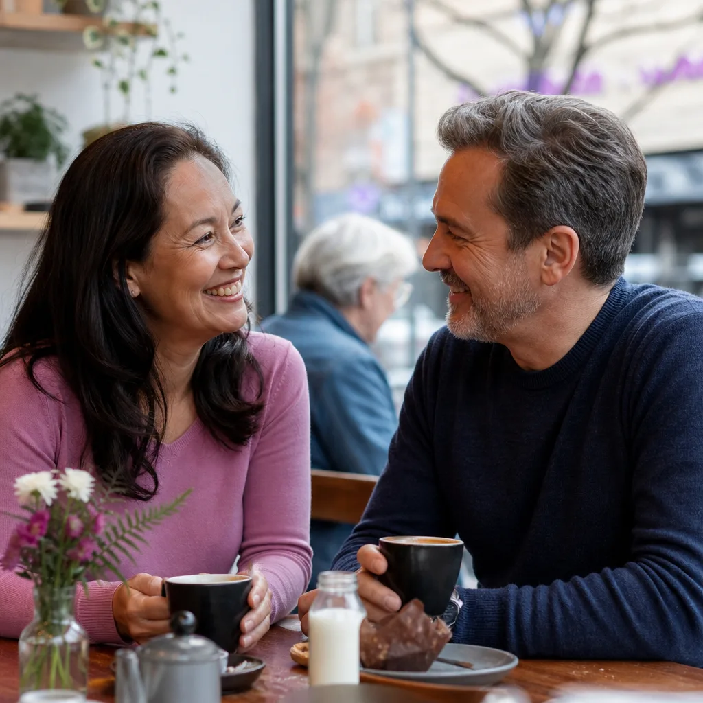 Two mature people meeting in a busy public café during the daytime