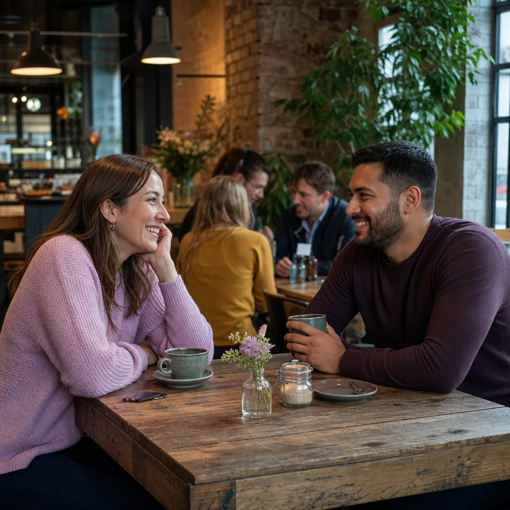 Lancashire singles chatting in a well-lit public place during the daytime