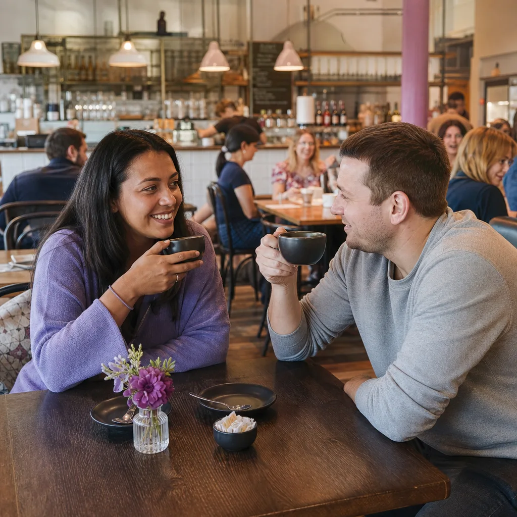 Two adults meeting at a busy café in central Preston