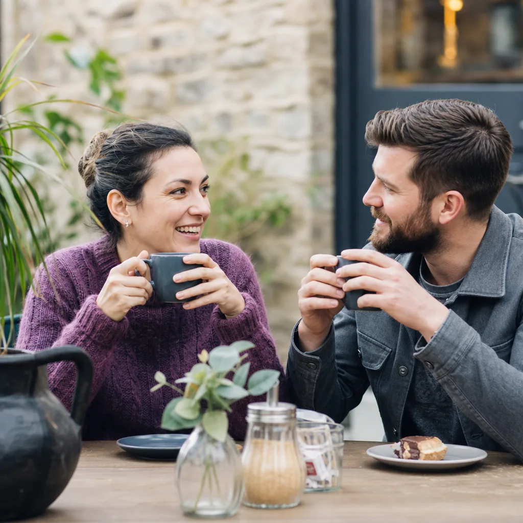 Two adults talking during a daytime walk in a Lancashire park